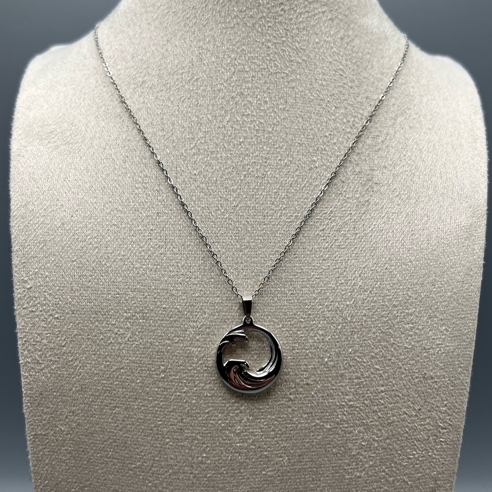 Ocean Wave Pendant Necklace, Silver Tone